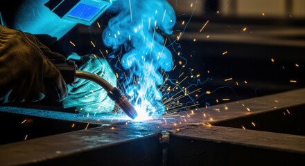 Welder man making welding seam on metal structure using electric arc welding machine. Sparks and fumes industrial work. Heavy industry workshop.
