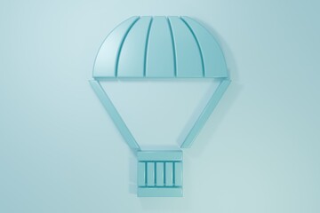 Blue Box flying on parachute icon isolated on blue background. Parcel with parachute for shipping. Delivery service, air shipping. Minimalism concept. 3D render illustration