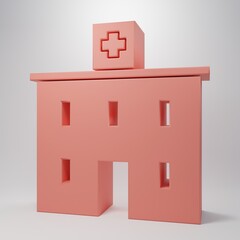 Pink Medical hospital building with cross icon isolated on pink background. Medical center. Health care. Minimalism concept. 3D render illustration