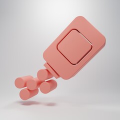 Pink Medicine bottle and pills icon isolated on pink background. Bottle pill sign. Pharmacy design. Minimalism concept. 3D render illustration