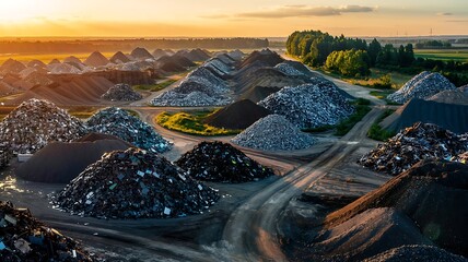 Aerial view of a vast industrial scrap metal yard filled with mountains of recycled materials at sunset