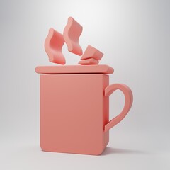 Pink Mulled wine with glass of drink and ingredients icon isolated on pink background. Cinnamon stick, clove, lemon slice. Minimalism concept. 3D render illustration