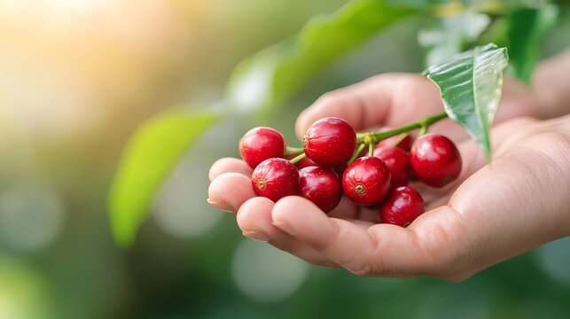 Handful of freshly picked cherries in sunlight