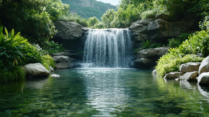 Serene waterfall cascades into tranquil pool, surrounded by lush greenery and rocks