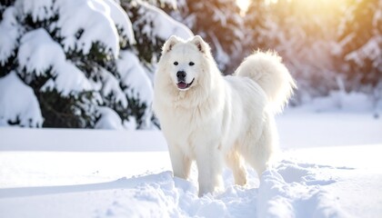 Fluffy white dog in snowy forest