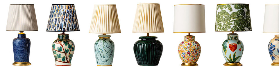 Eight table lamps with decorative shades and bases