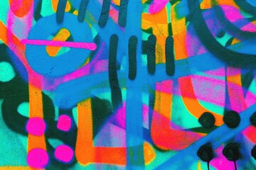Vibrant abstract graffiti art - neon blue, orange, pink. 80s Street artist style, bold lines, fluorescent colors. Urban murals, creative banners, youth culture visuals, modern 90s, 2000s energy.