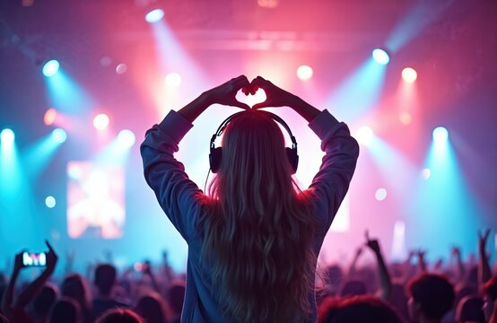 Woman enjoys live music festival, hands forming heart shape over headphones. Crowd enjoys vibrant concert atmosphere with colorful stage lights illuminating night. Excitement, joy, energy fill