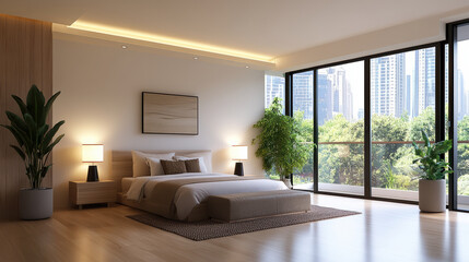 Modern bedroom design with large windows showcasing city view, featuring plants and soft