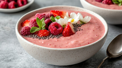 Creamy smoothie bowl topped with fresh raspberries, strawberries, mint leaves, and chia seeds