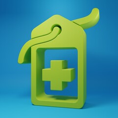 Green Cross hospital medical tag icon isolated on blue background. First aid. Diagnostics symbol. Medicine and pharmacy sign. Minimalism concept. 3D render illustration