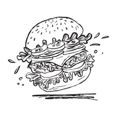 Flying burger design with sauce in black brush stroke texture isolated on white. Hand drawn vector sketch illustration in vintage charcoal ink. Fast food menu design, lunch, dinner, logo design
