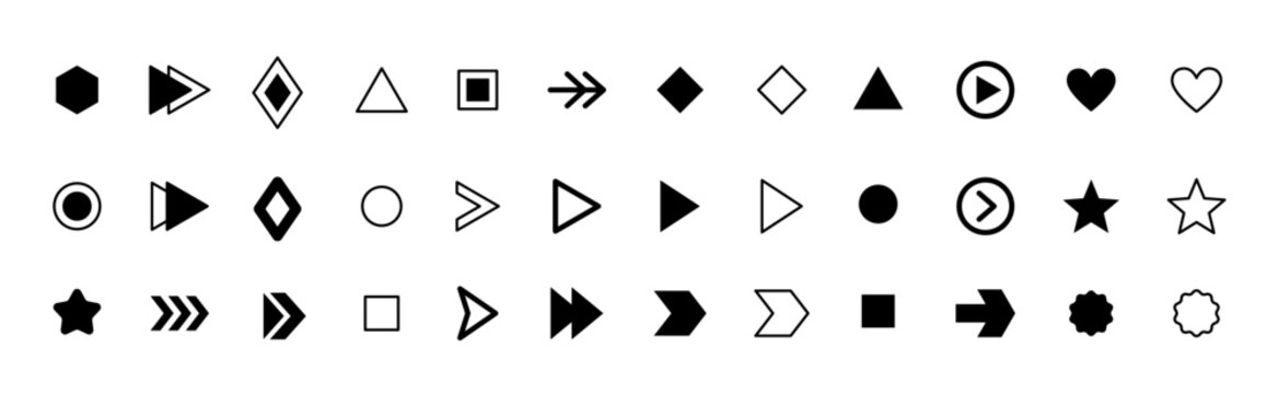 Bullet points. List icon set with geometric shapes, arrows, stars, hearts in outline style. Minimal user interface elements for apps, websites, infographics. Isolated vector bullet point collection
