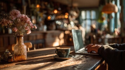 and keyword list based on the image provided

 Person Typing on Laptop at Wooden Table in Coffee Shop with Flowers, Hot Drink.