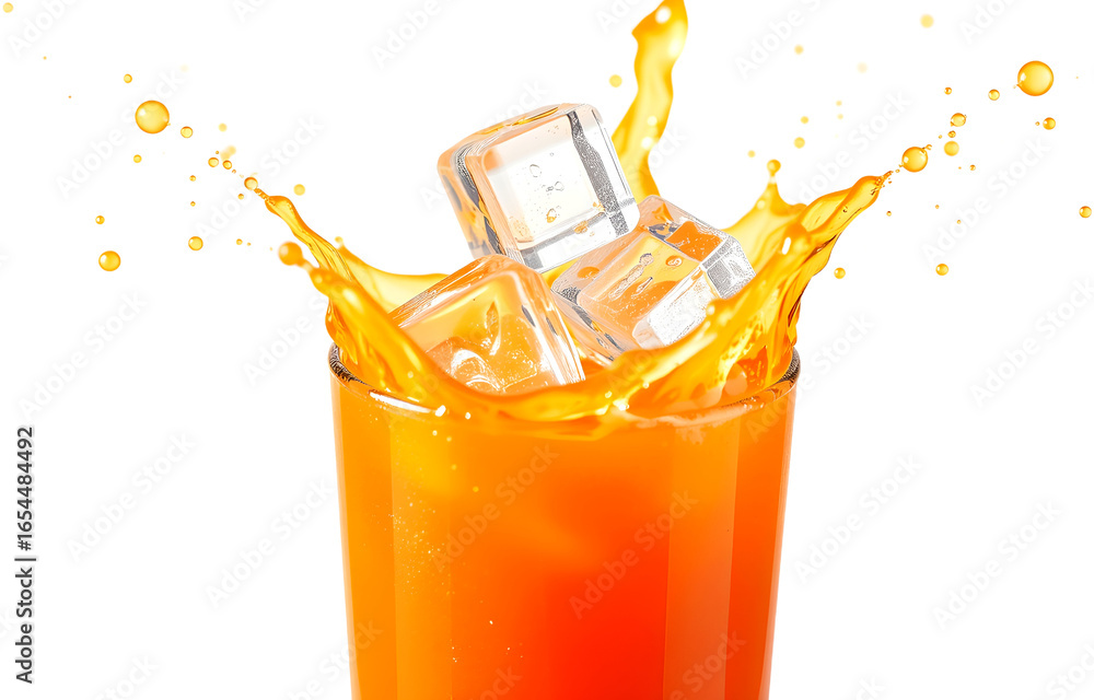 Aufkleber ice cubes splashing into a glass of vibrant orange juice, creating a refreshing and dynamic scene