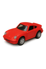 Red toy sports car on a white background with simple design features