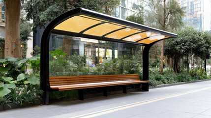 Modern solar powered waiting shelter for electric bus stop features sleek design and greenery