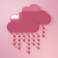 Pink Cloud with rain icon isolated on pink background. Rain cloud precipitation with rain drops. Minimalism concept. 3D render illustration