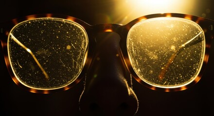 Worn eyeglasses with dust and scratches illuminated by a warm, golden backlight