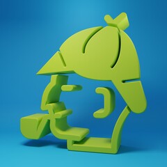 Green Sherlock Holmes with smoking pipe icon isolated on blue background. Detective. Minimalism concept. 3D render illustration