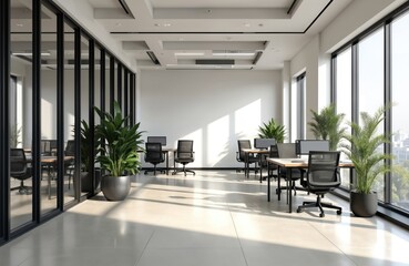 Fototapeta premium Modern office space with glass partitions, sleek furniture, workstations. Natural light streams through large windows, illuminating pro interior. Green plants add touch of nature to contemporary work