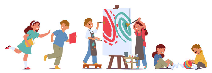 Happy schoolfriends playing, having fun, painting together cartoon back to school scene set