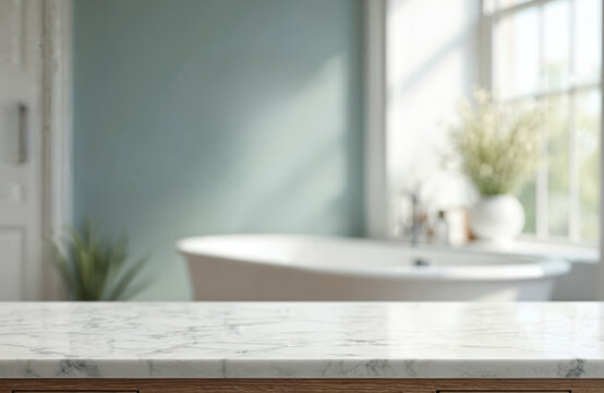 Marble countertop with blurred bathroom interior. Soft light streams through window illuminating bathtub, green wall, and plant. Clean, modern, luxury spa ambiance perfect for product placement. - Powered by Adobe