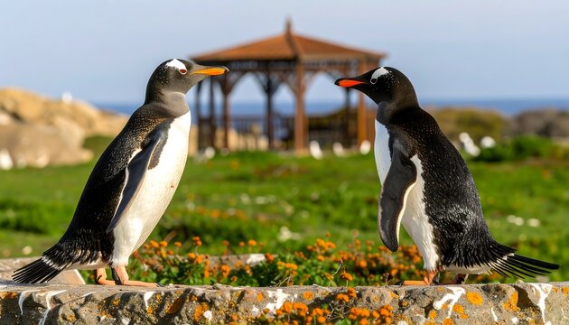 Two penguins face each other near a gazebo