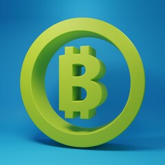 Green Cryptocurrency coin Bitcoin icon isolated on blue background. Physical bit coin. Blockchain based secure crypto currency. Minimalism concept. 3D render illustration