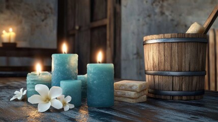 Serene Spa Setting Candles Flowers and Soap.