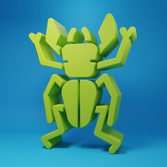Green Beetle deer icon isolated on blue background. Horned beetle. Big insect. Minimalism concept. 3D render illustration