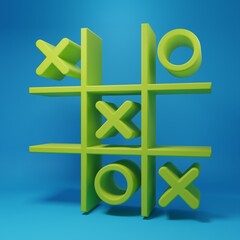 Green Tic tac toe game icon isolated on blue background. Minimalism concept. 3D render illustration