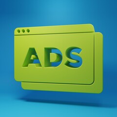Green Advertising icon isolated on blue background. Concept of marketing and promotion process. Responsive ads. Social media advertising. Minimalism concept. 3D render illustration