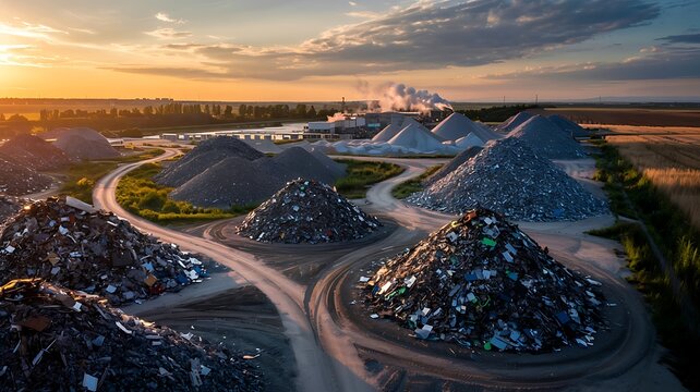 Aerial drone view of a vast industrial scrapyard with massive piles of metal and debris under a dramatic sunset sky - Powered by Adobe