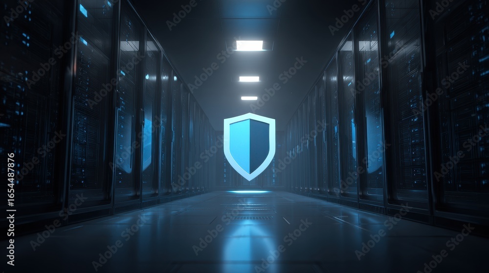 Poster shield in server room. cyber security. data center. securing network. industry