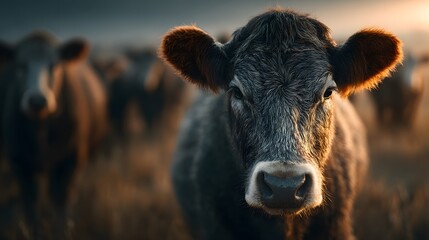 Fototapeta premium Herd of cattle grazes in a dry field during the golden hour. One cow in the foreground looks at the camera, backlit by the low setting sun.