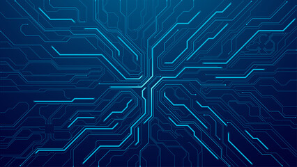 Circuit board background. Modern AI innovation concept. Tech pattern in electric blue. Artificial Intelligence chip with thin line wires on a dark blue presentation cover. Digital vector illustration.