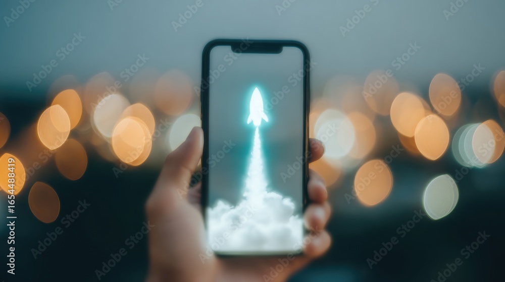 Poster smartphone displaying rocket launch illustration with glowing background