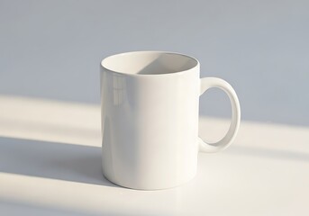 Obraz premium Blank white ceramic coffee mug mockup resting on a clean surface with natural sunlight creating a soft shadow, perfect for branding.