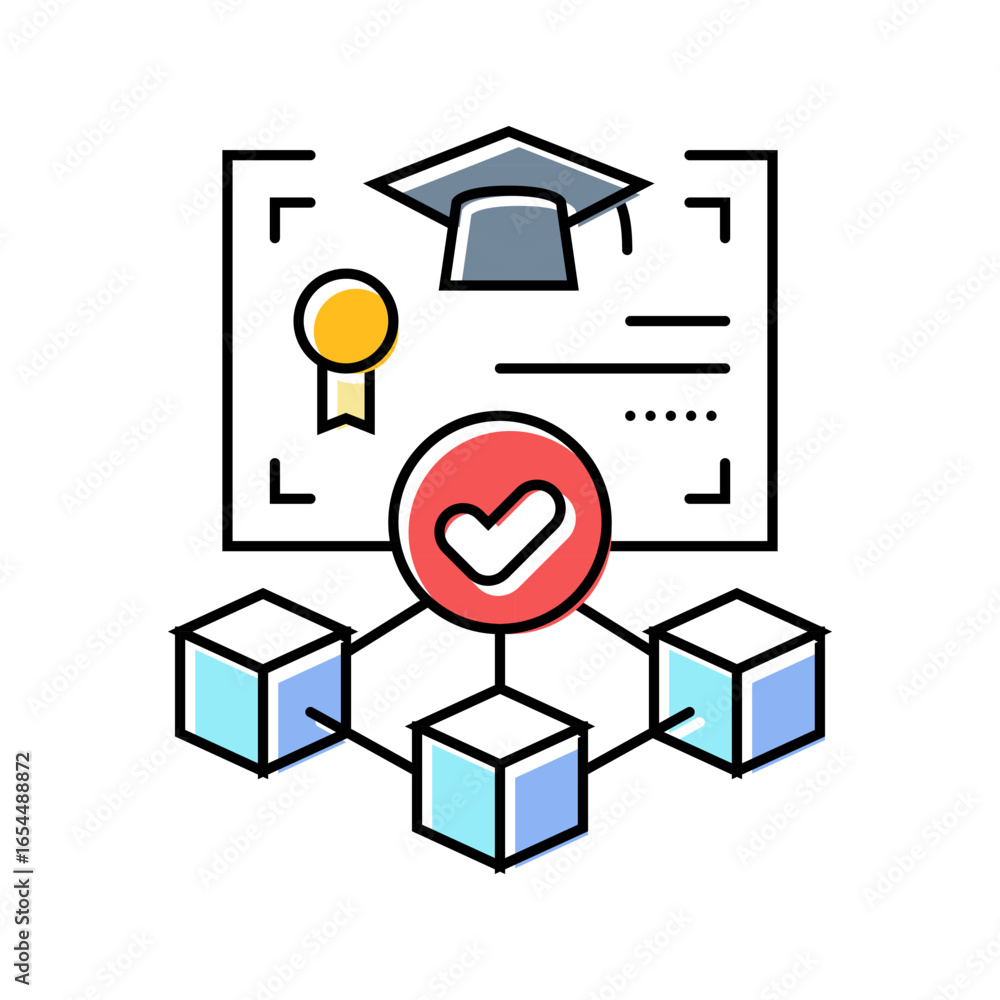 Poster blockchain based credentials verification color icon vector illustration