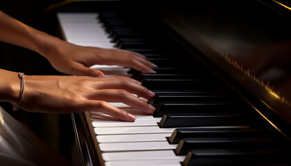 Fototapeta premium Close-up of female hands playing piano.