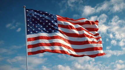 Fototapeta premium The American flag is hoisted on a pole, fluttering in the breeze against a vibrant blue sky adorned with white clouds. The scene captures a moment of patriotism on a clear day.