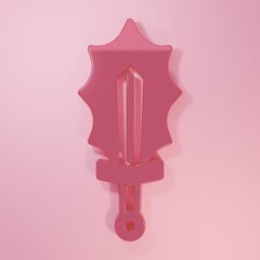 Pink Magic sword in fire icon isolated on pink background. Fiery sword. Magic weapon of knight, sorcerer, magician. Fire spell. Burning blade. Minimalism concept. 3D render illustration