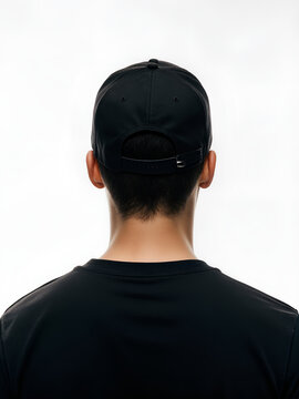 A realistic close-up from behind of a man with short, dark hair, wearing a simple black baseball cap.