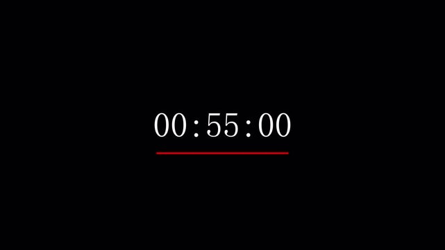 one Minute Digital Countdown Timer with minute, seconds, milliseconds from 60 to 0 seconds on transparent background, one minute countdown video with alpha  channel.