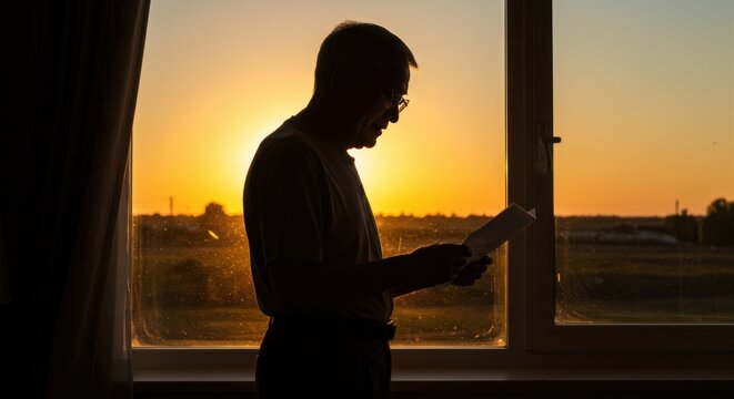 Thoughtful senior man reads document by window at golden sunset