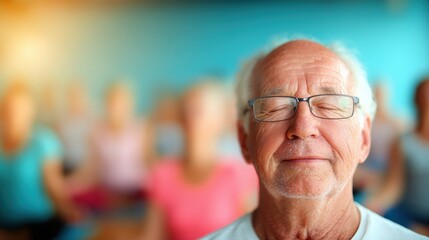 Senior man practices mindfulness during a yoga class in a bright studio