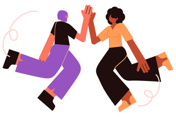 Vector illustration of two women jumping and giving a high five. Celebration, teamwork, success, motivation, friendship, and collaboration concept in colorful flat character design. High res PNG