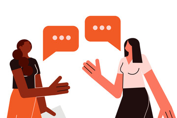 Vector illustration of two women at a workplace shaking hands and talking. Business meeting, teamwork, communication, and collaboration concept. Colorful character design, high resolution PNG