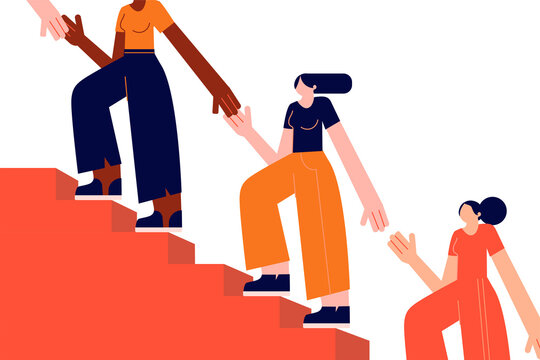 Vector illustration of women supporting women, symbolizing solidarity, empowerment, teamwork, and connection. Concept of womanhood, friendship, and helping each other succeed. High resolution PNG